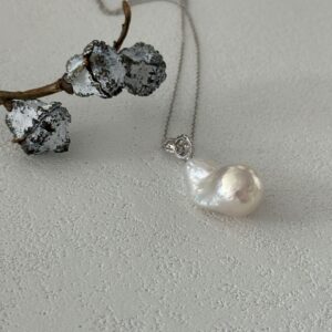 sterling silver double circle cz & baroque pearl adjustable necklace