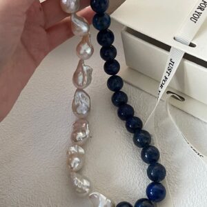sterling silver lapis lazuli & large baroque pearl beaded necklace