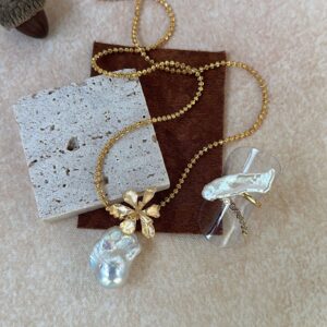 18k gold plated silver golden floral large baroque pearl necklace