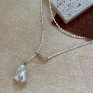 18k gold plated silver y shape cz & keshi pearl long necklace