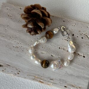 sterling silver amber & large baroque pearl bracelet
