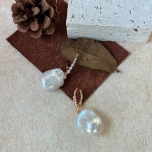 18k gold plated silver linear zircon long baroque pearl earrings